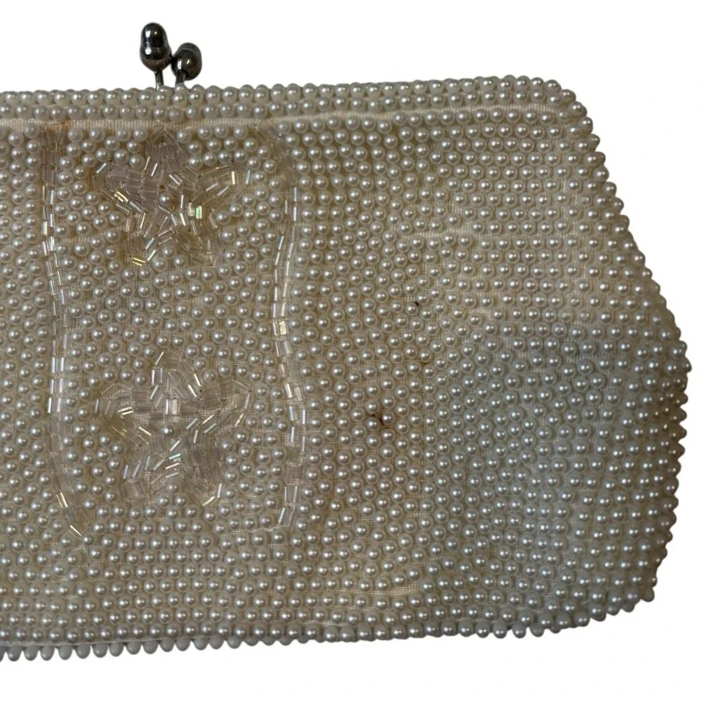 Vintage 1960 Bon Soir‎ Italian Pearl Cream Clutch Purse Beads Silk Wedding B72Q